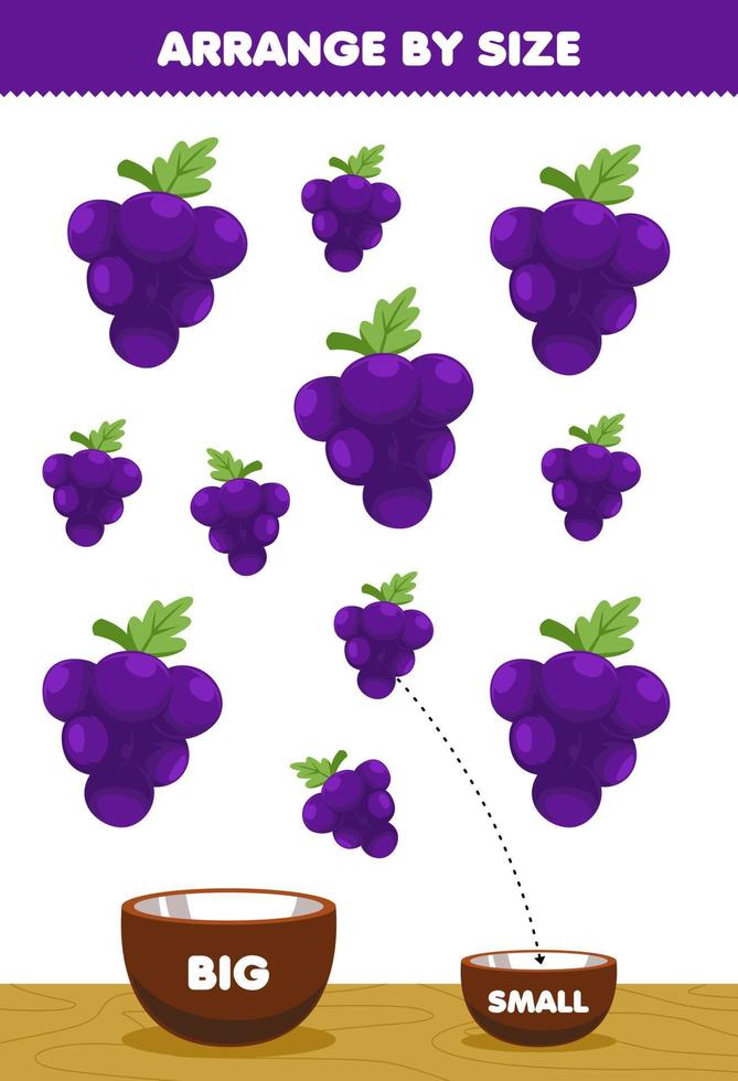 Education game for children arrange by size big or small put it in the bowl cartoon fruit grape pictures vector