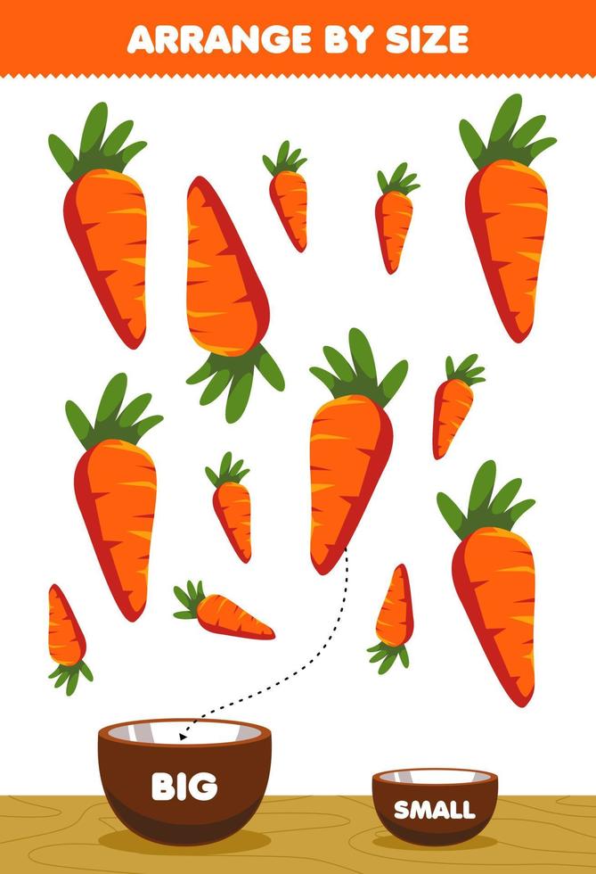 Education game for children arrange by size big or small put it in the bowl cartoon vegetable carrot pictures vector