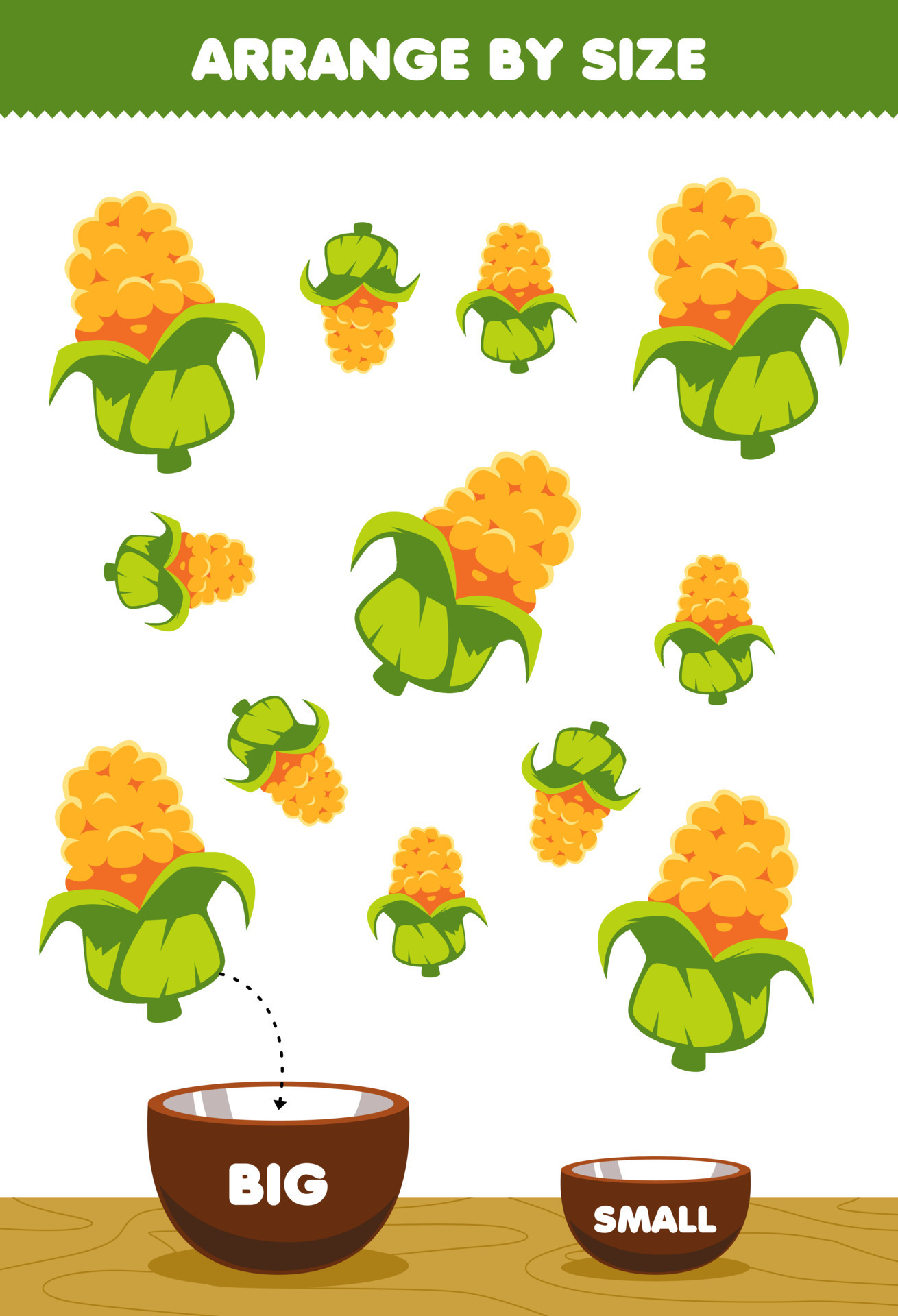 Education game for children arrange by size big or small put it in the bowl  cartoon vegetable corn pictures 9460774 Vector Art at Vecteezy