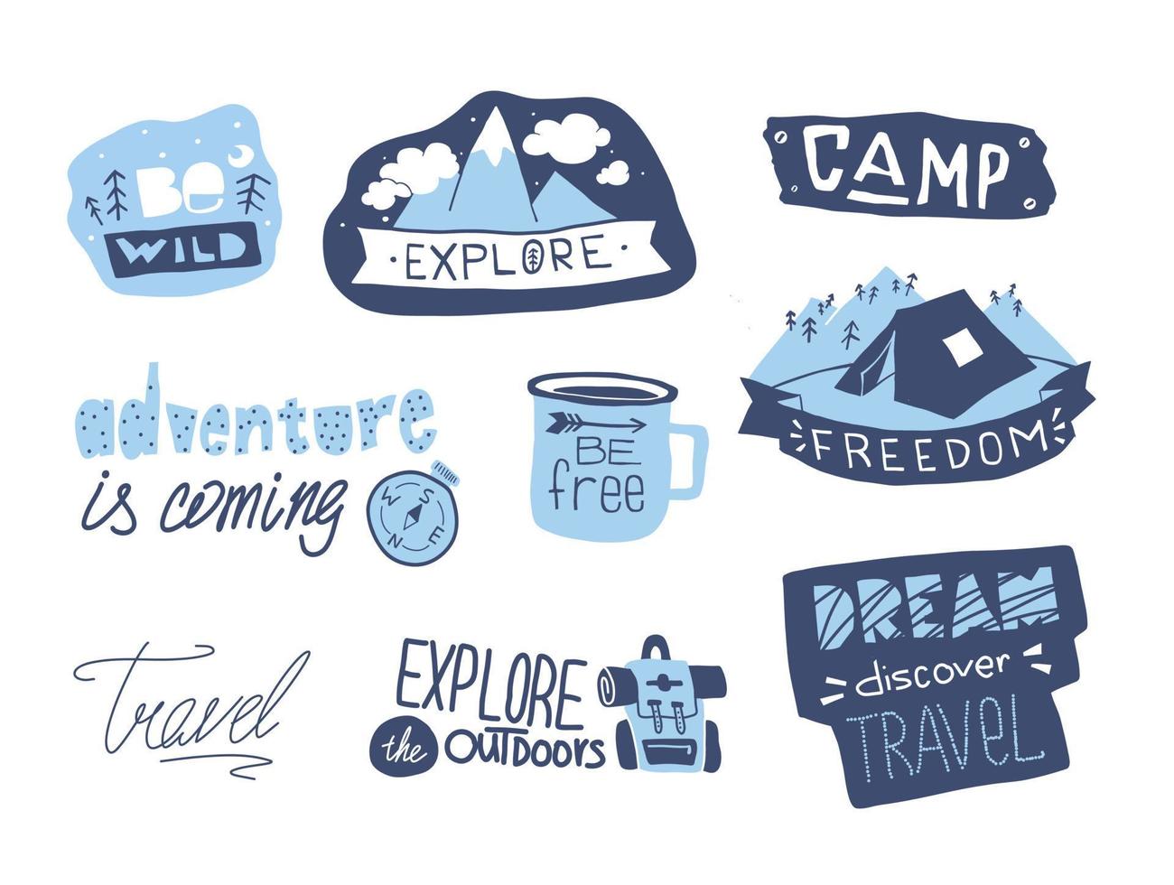 Wild adventure sticker. Flat hiking emblem. Mountains lettering sign. Explore and adventure vector set.