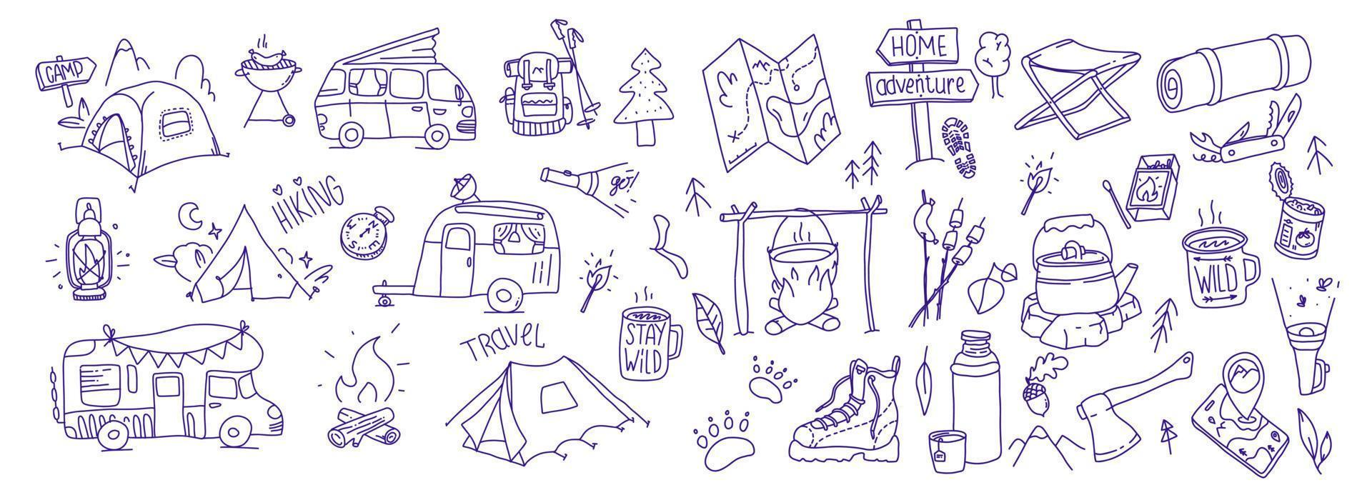Hand drawn hiking illustration.  Camping outdoor doodle set. Wild adventure equipment. Navigation and camp cartoon simple vector collection.