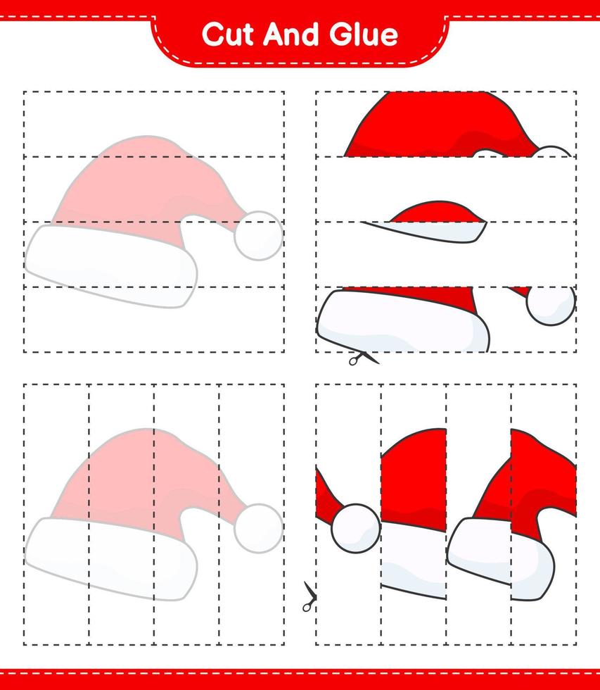 Cut and glue, cut parts of Santa Hat and glue them. Educational children game, printable worksheet, vector illustration