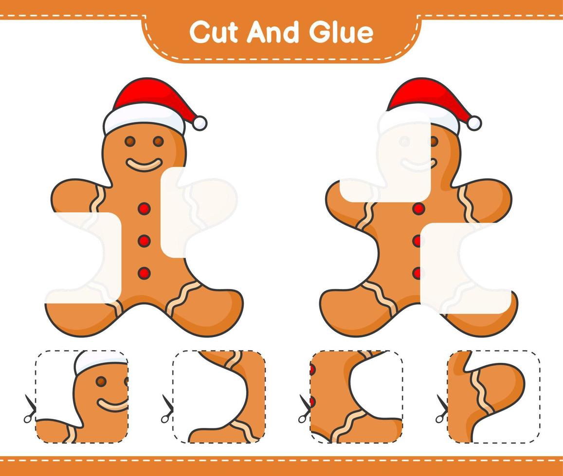 Cut and glue, cut parts of Gingerbread Man and glue them. Educational children game, printable worksheet, vector illustration