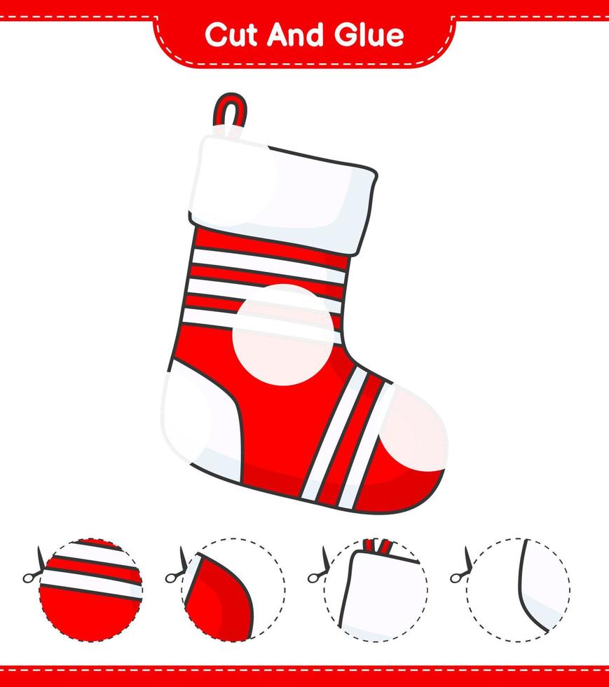 Cut and glue, cut parts of Christmas Sock and glue them. Educational children game, printable worksheet, vector illustration