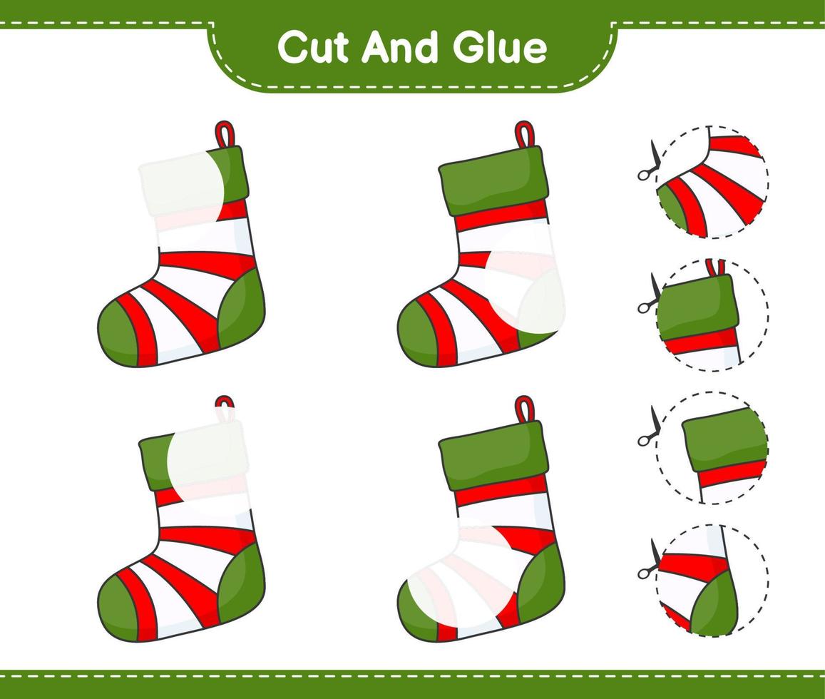 Cut and glue, cut parts of Christmas Sock and glue them. Educational children game, printable worksheet, vector illustration