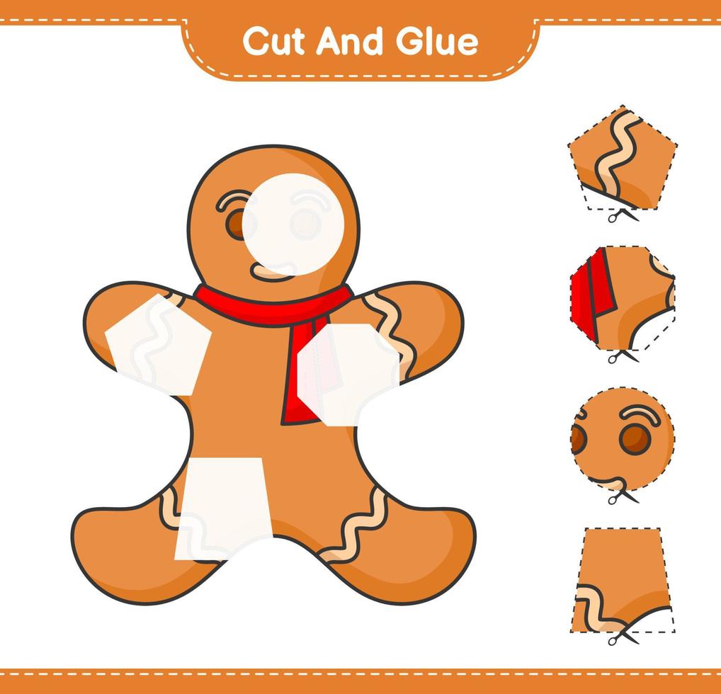 Cut and glue, cut parts of Gingerbread Man and glue them. Educational children game, printable worksheet, vector illustration