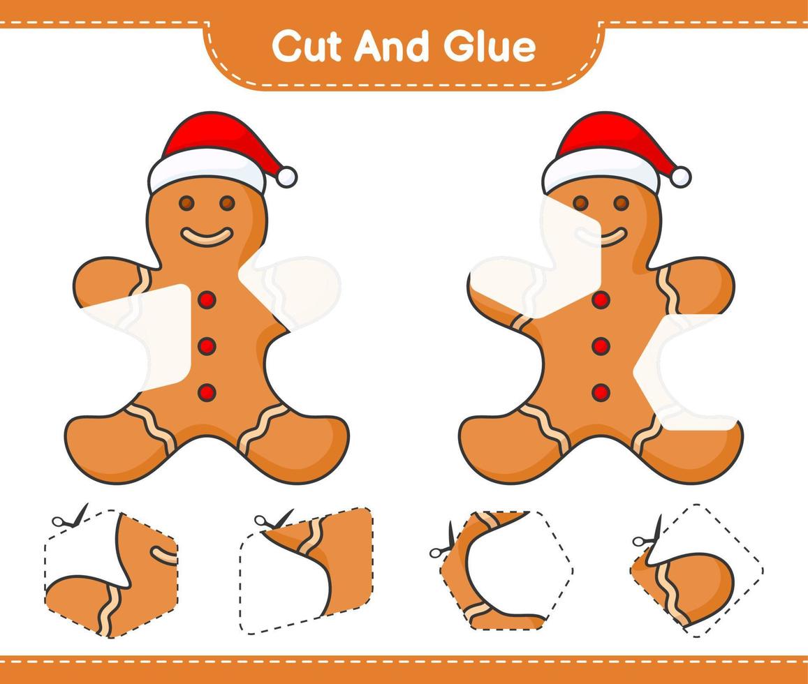 Cut and glue, cut parts of Gingerbread Man and glue them. Educational children game, printable worksheet, vector illustration