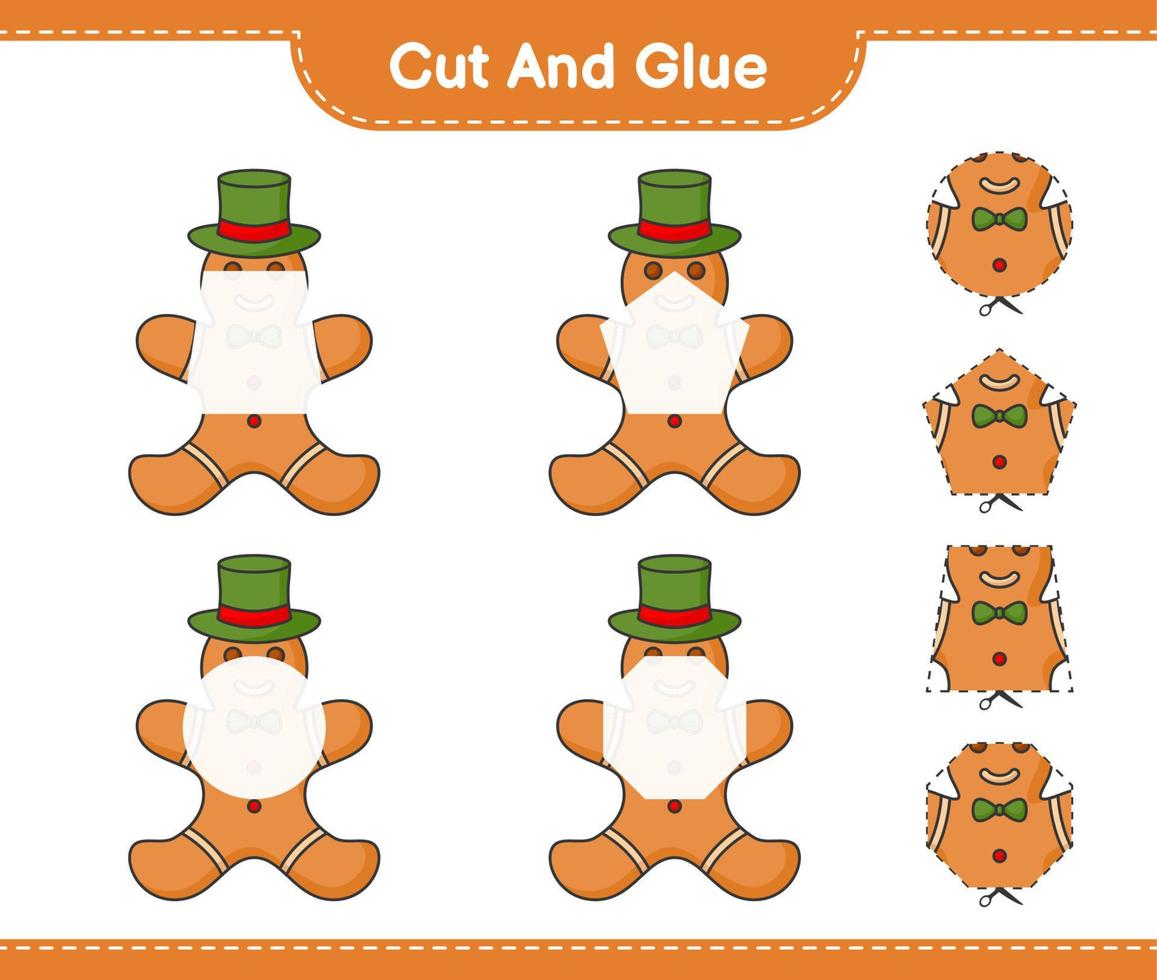 Cut and glue, cut parts of Gingerbread Man and glue them. Educational children game, printable worksheet, vector illustration