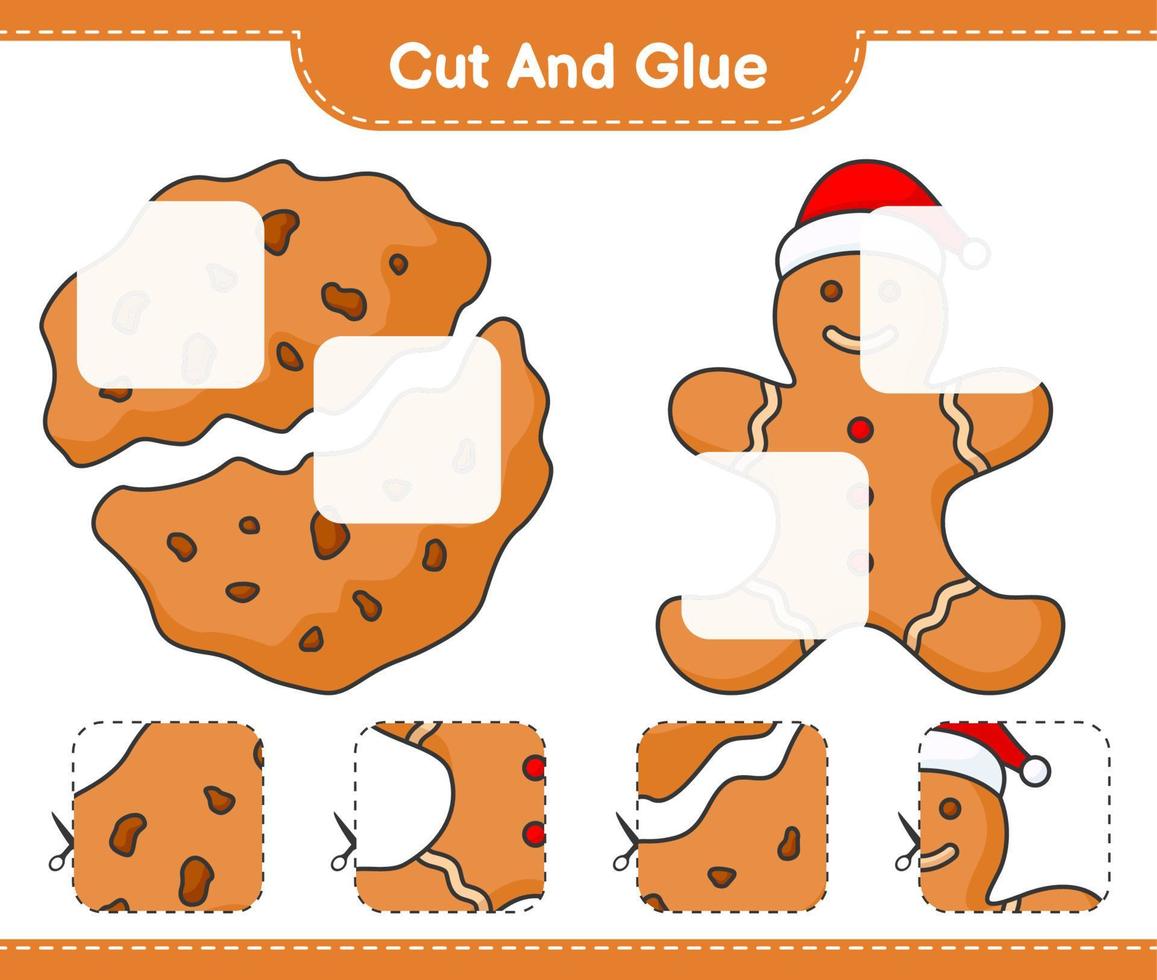 Cut and glue, cut parts of Gingerbread, Cookies and glue them. Educational children game, printable worksheet, vector illustration