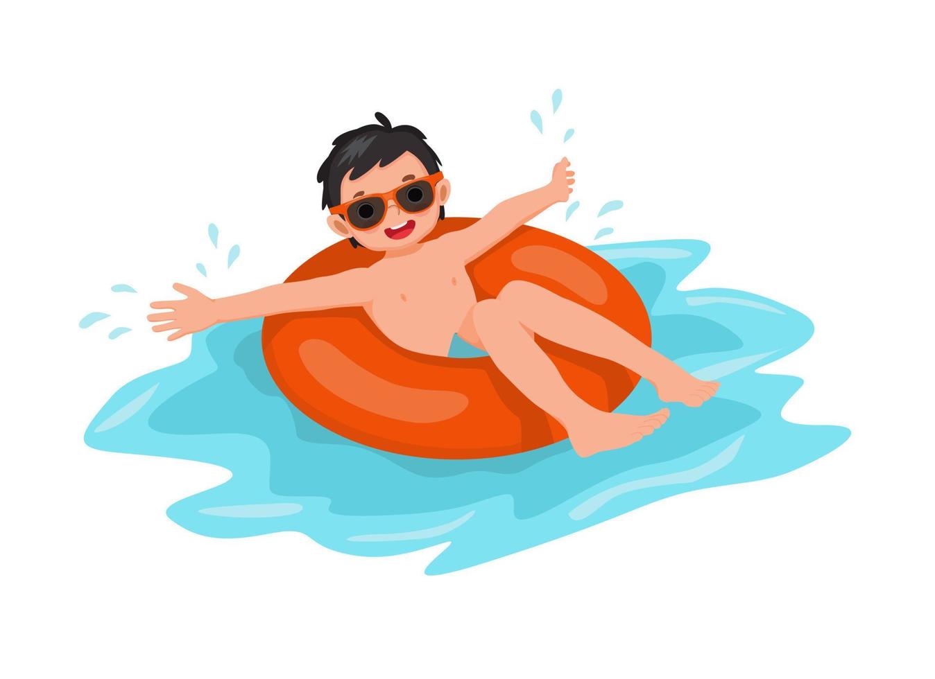 cute little boy with swimsuit and sun glasses lying on inflatable rubber ring having fun floating in swimming pool on summer time vector