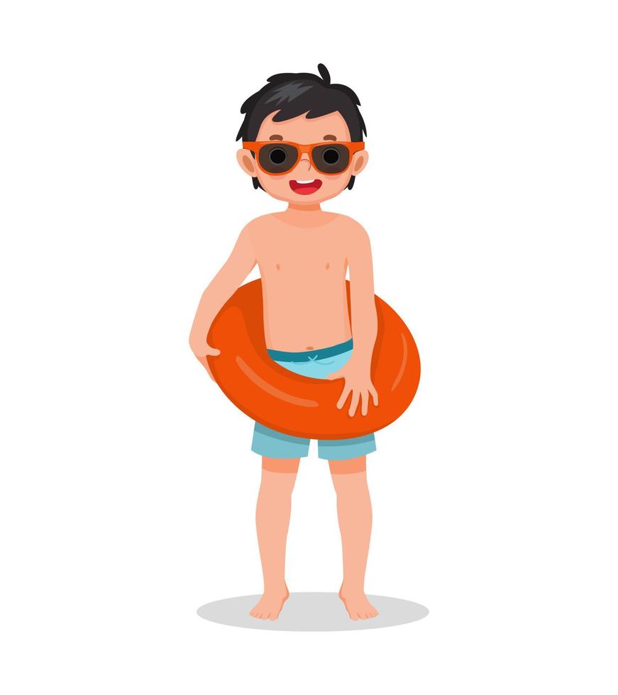 lindo niño pequeño con traje de baño y gafas de sol sosteniendo un anillo de goma inflable divirtiéndose en verano vector