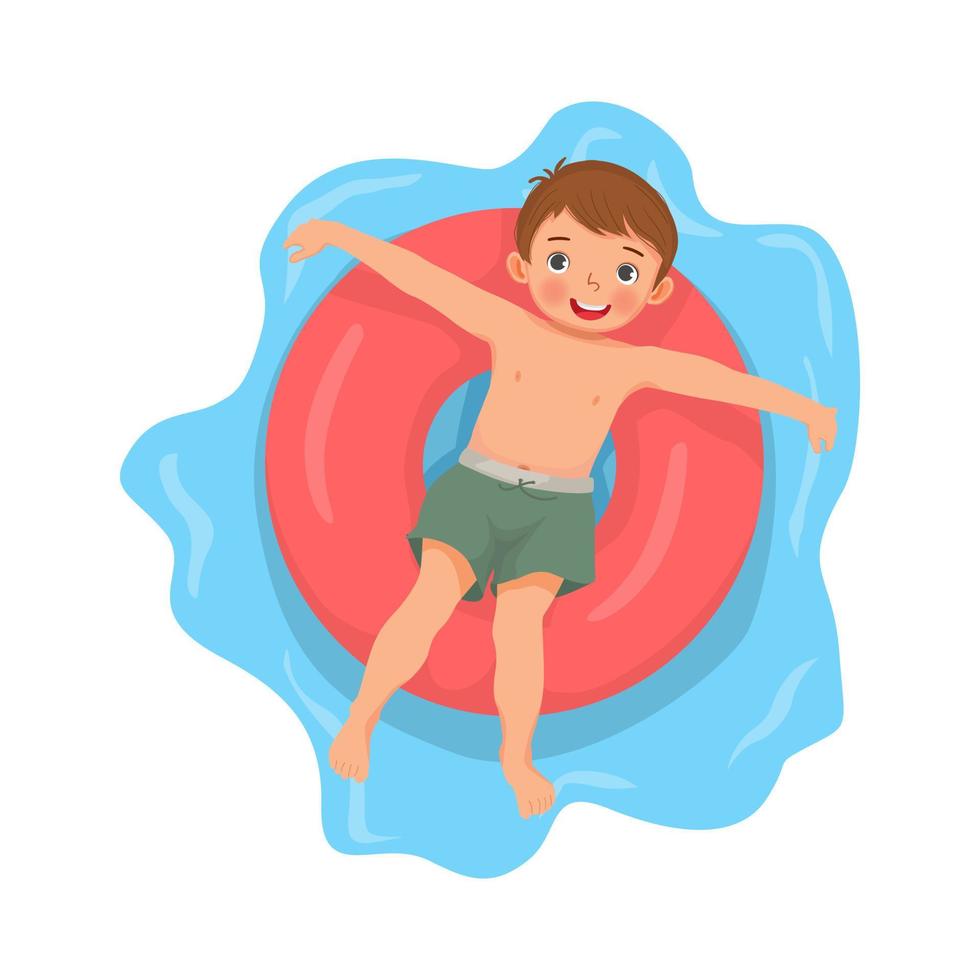 Un niño feliz y lindo con traje de baño tirado en un anillo de goma inflable divirtiéndose flotando en la piscina en verano vector