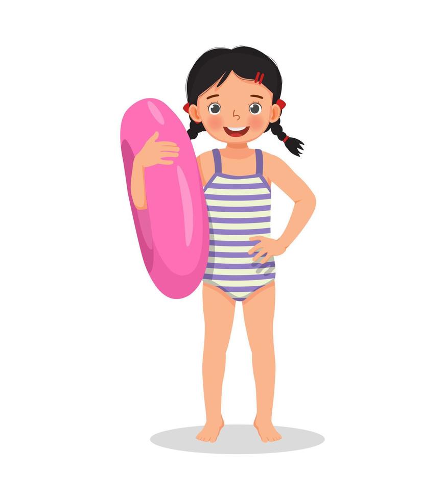 happy cute little girl with swimsuit holding inflatable rubber ring with hand on waist pose having fun on summer time vector