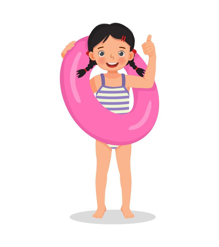 feliz linda niña con traje de baño sosteniendo un anillo de goma inflable mostrando el pulgar hacia arriba divirtiéndose en verano vector