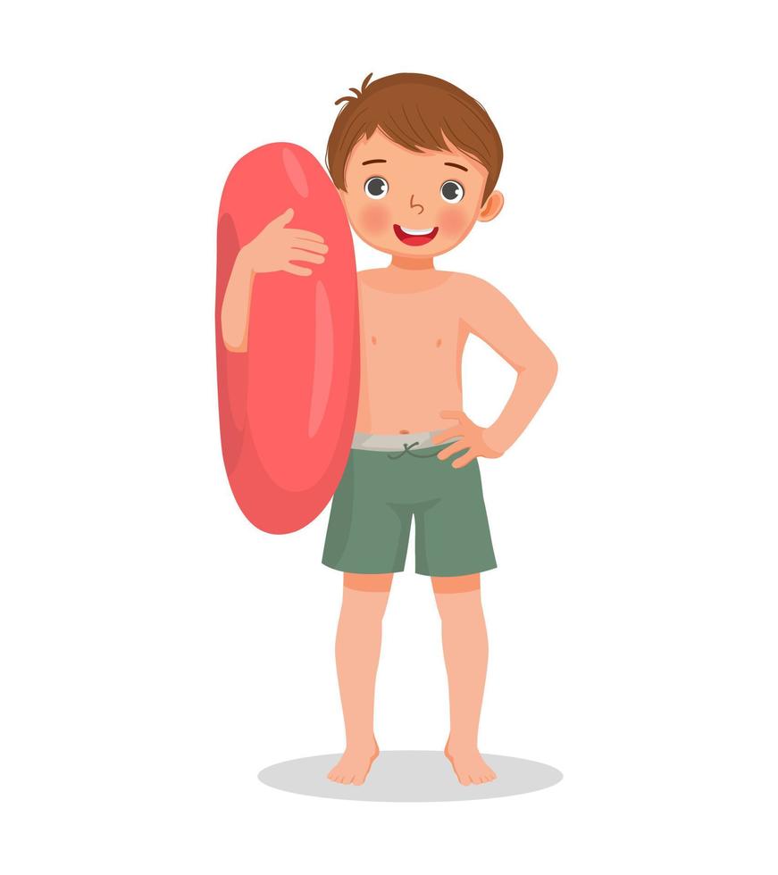niño lindo feliz con traje de baño sosteniendo un anillo de goma inflable con la mano en la cintura pose divirtiéndose en verano vector