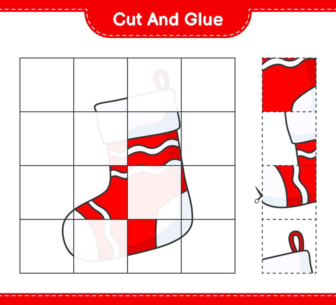 Cut and glue, cut parts of Christmas Sock and glue them. Educational children game, printable worksheet, vector illustration