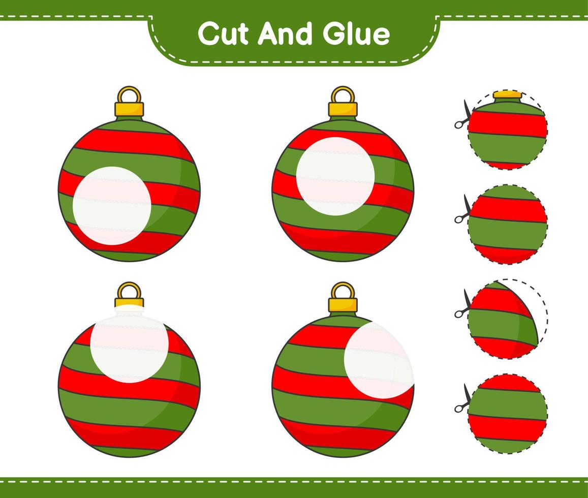 Cut and glue, cut parts of Christmas Ball and glue them. Educational children game, printable worksheet, vector illustration