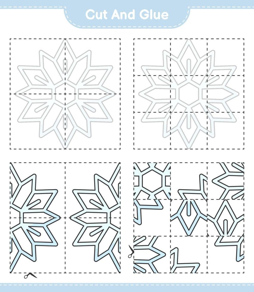 corta y pega, corta partes del copo de nieve y pégalas. juego educativo para niños, hoja de cálculo imprimible, ilustración vectorial vector