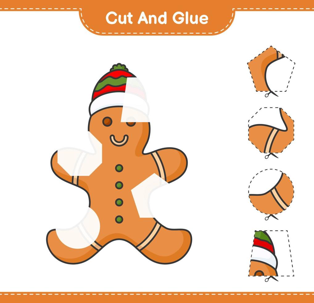 Cut and glue, cut parts of Gingerbread Man and glue them. Educational children game, printable worksheet, vector illustration