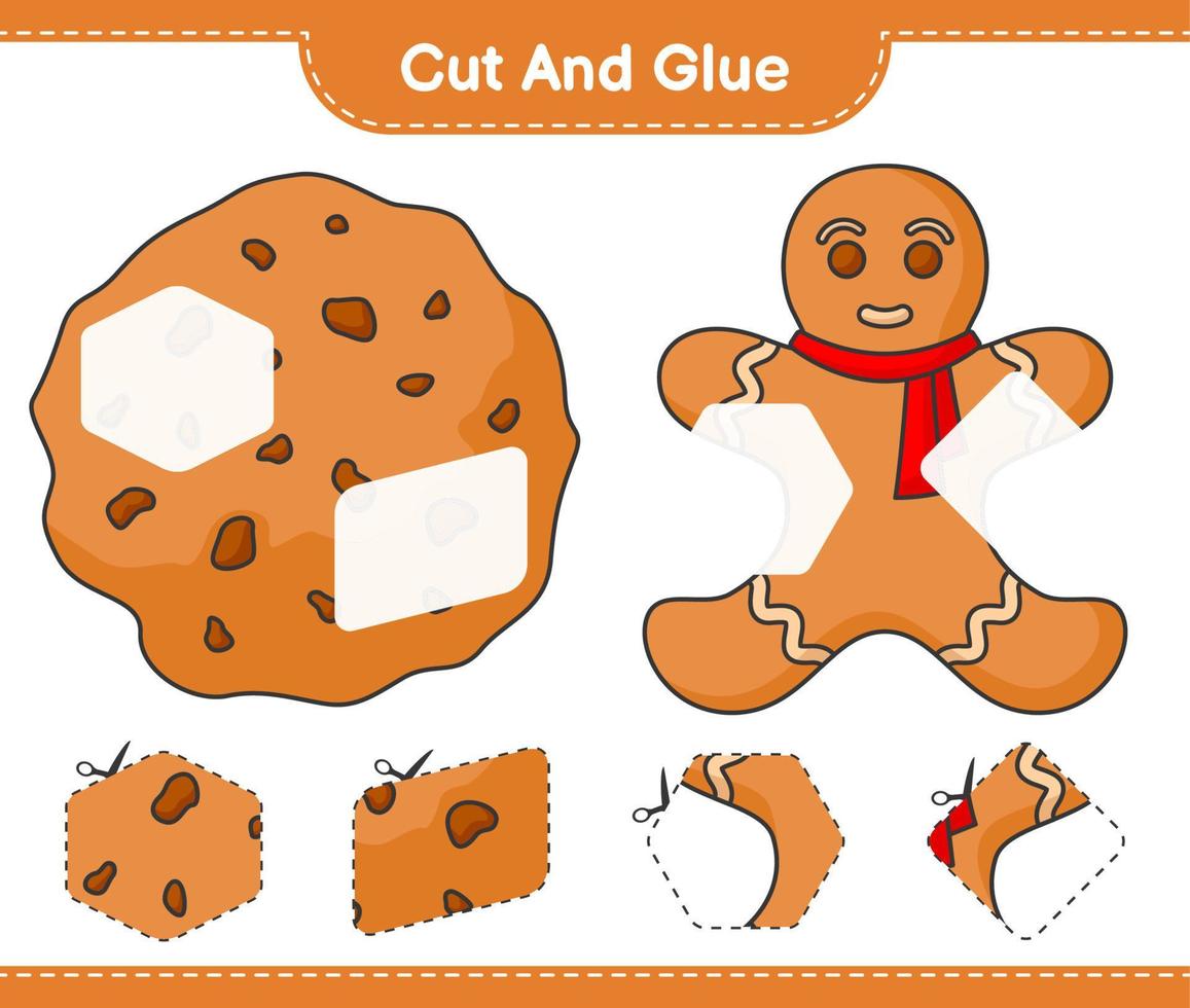 cortar y pegar, cortar partes de pan de jengibre, galletas y pegarlas. juego educativo para niños, hoja de cálculo imprimible, ilustración vectorial vector