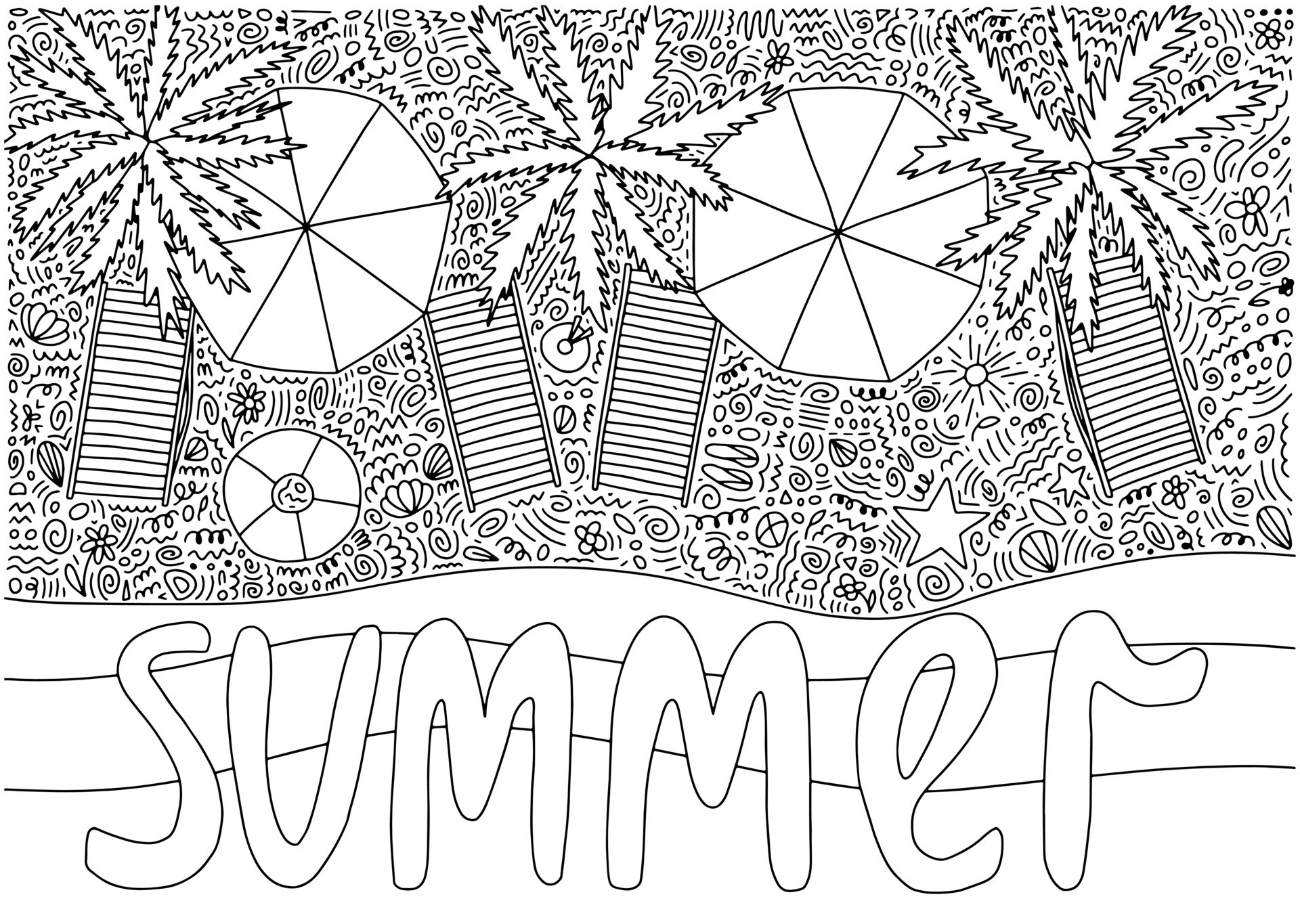 Summer beach coloring page top view. Vector hand drawn sunny beach top