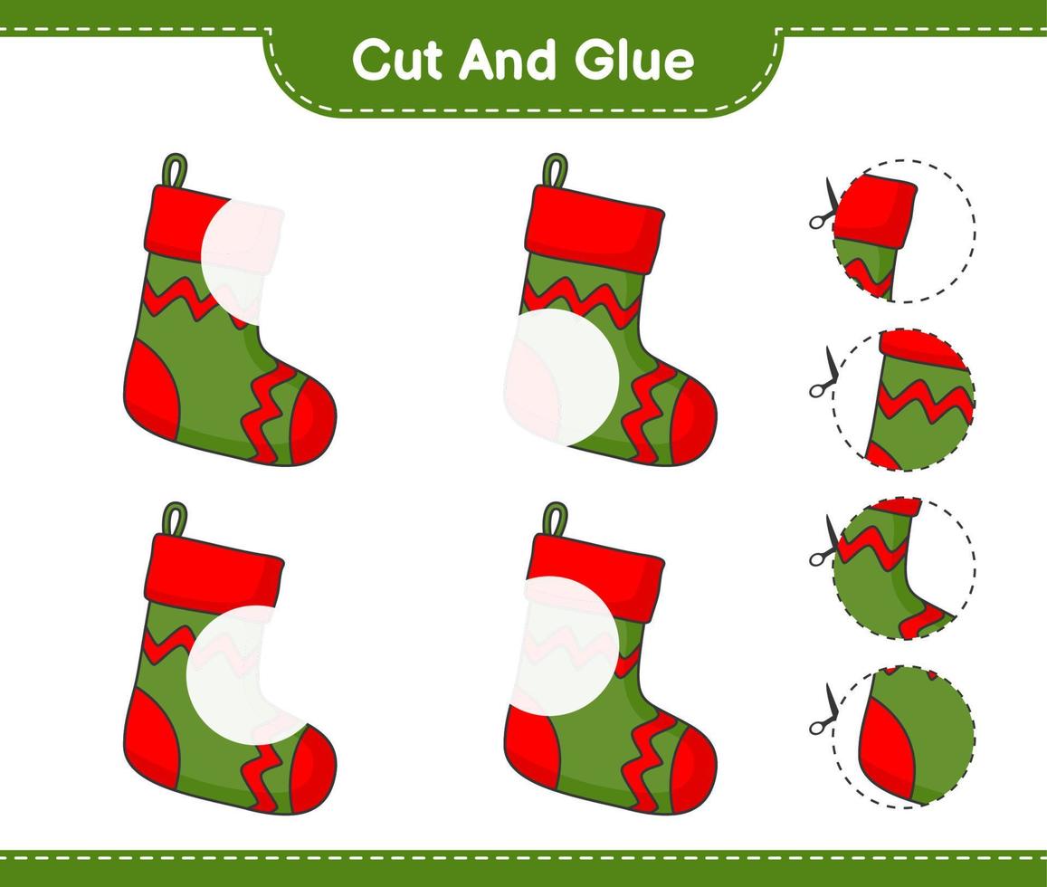 Cut and glue, cut parts of Christmas Sock and glue them. Educational children game, printable worksheet, vector illustration