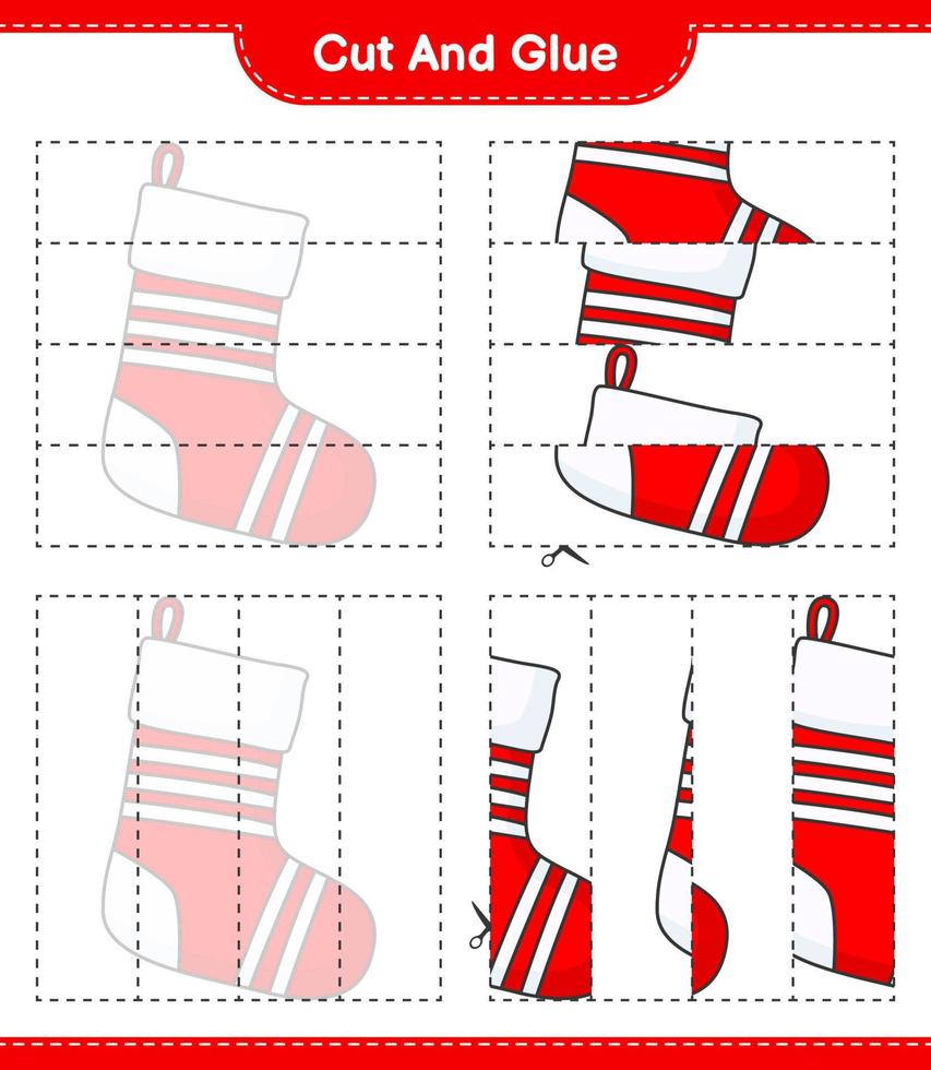 Cut and glue, cut parts of Christmas Sock and glue them. Educational children game, printable worksheet, vector illustration