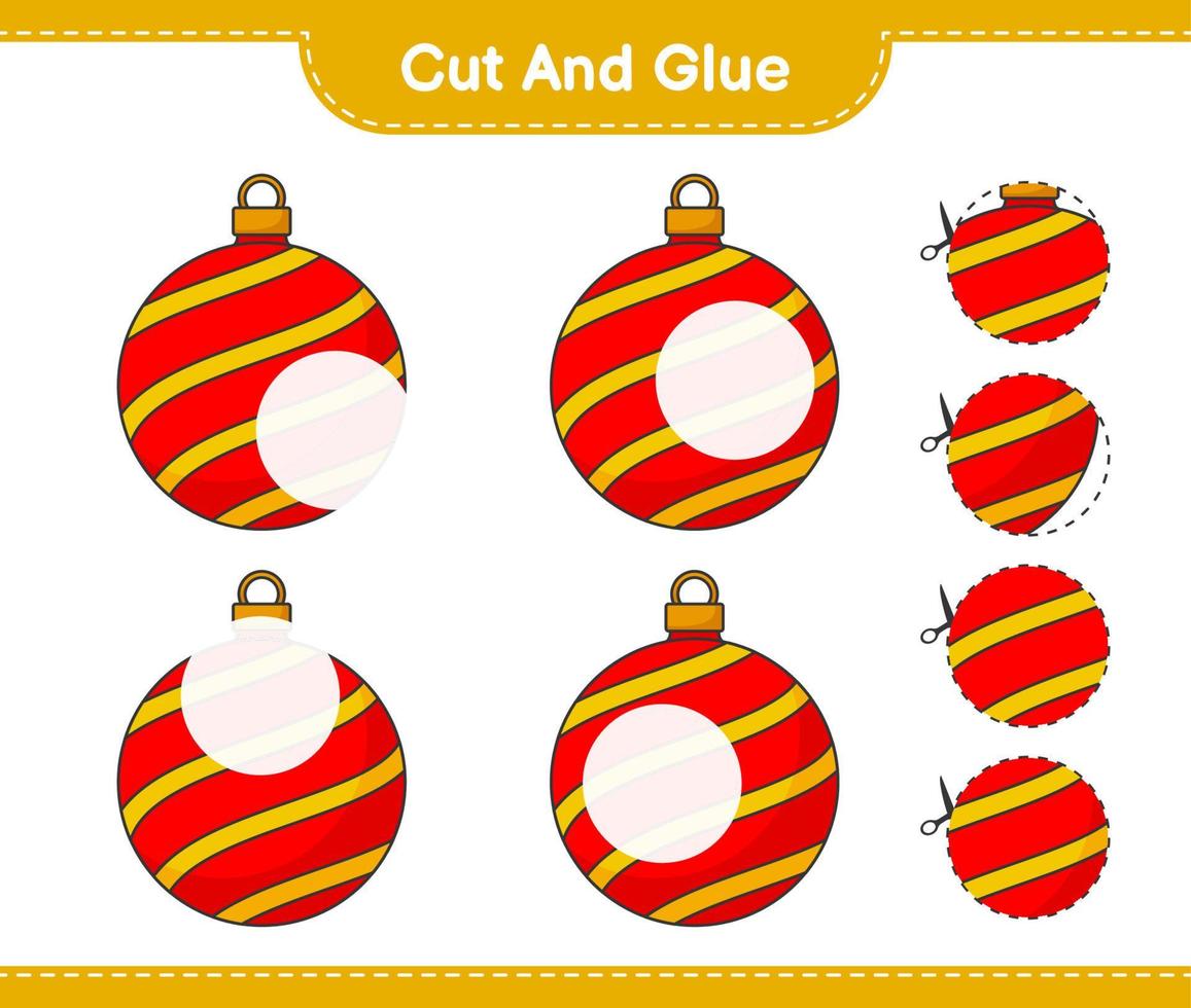 Cut and glue, cut parts of Christmas Ball and glue them. Educational children game, printable worksheet, vector illustration