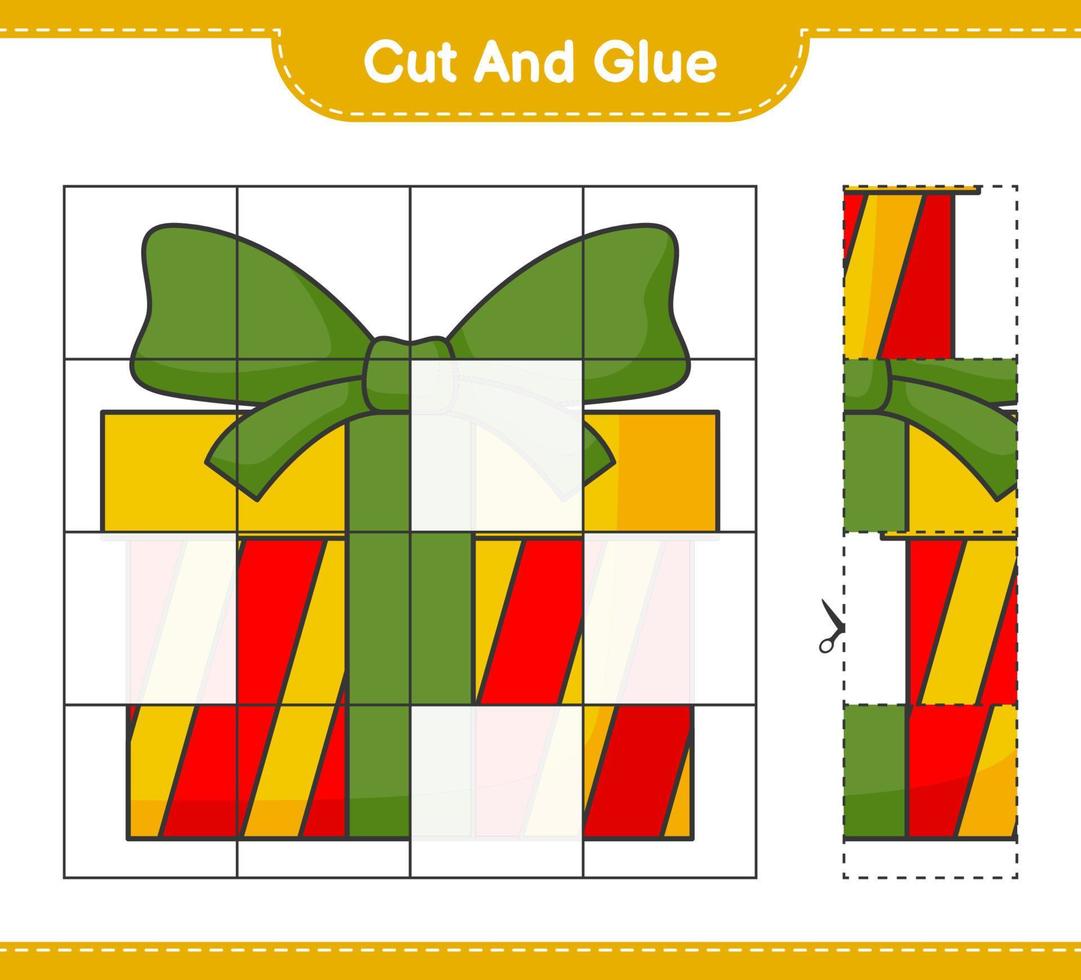 Cut and glue, cut parts of Gift Box and glue them. Educational children game, printable worksheet, vector illustration