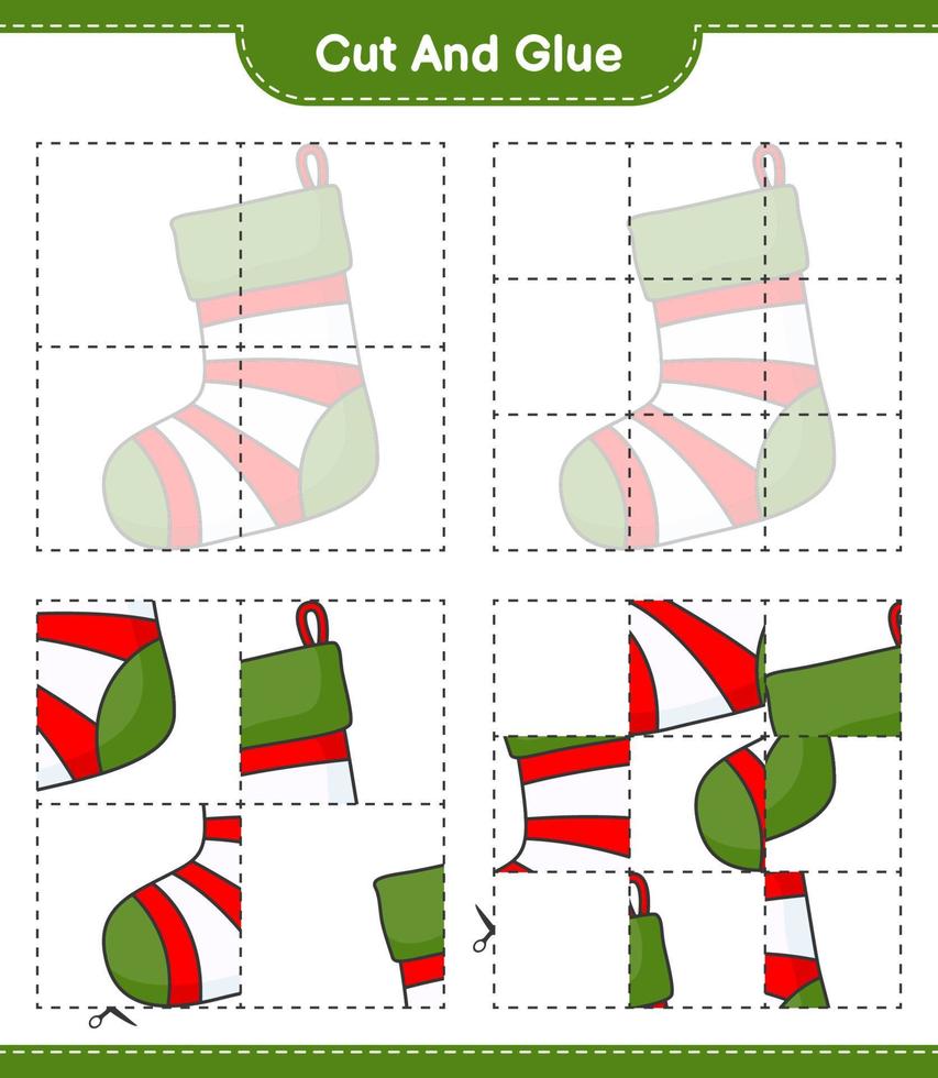Cut and glue, cut parts of Christmas Sock and glue them. Educational children game, printable worksheet, vector illustration