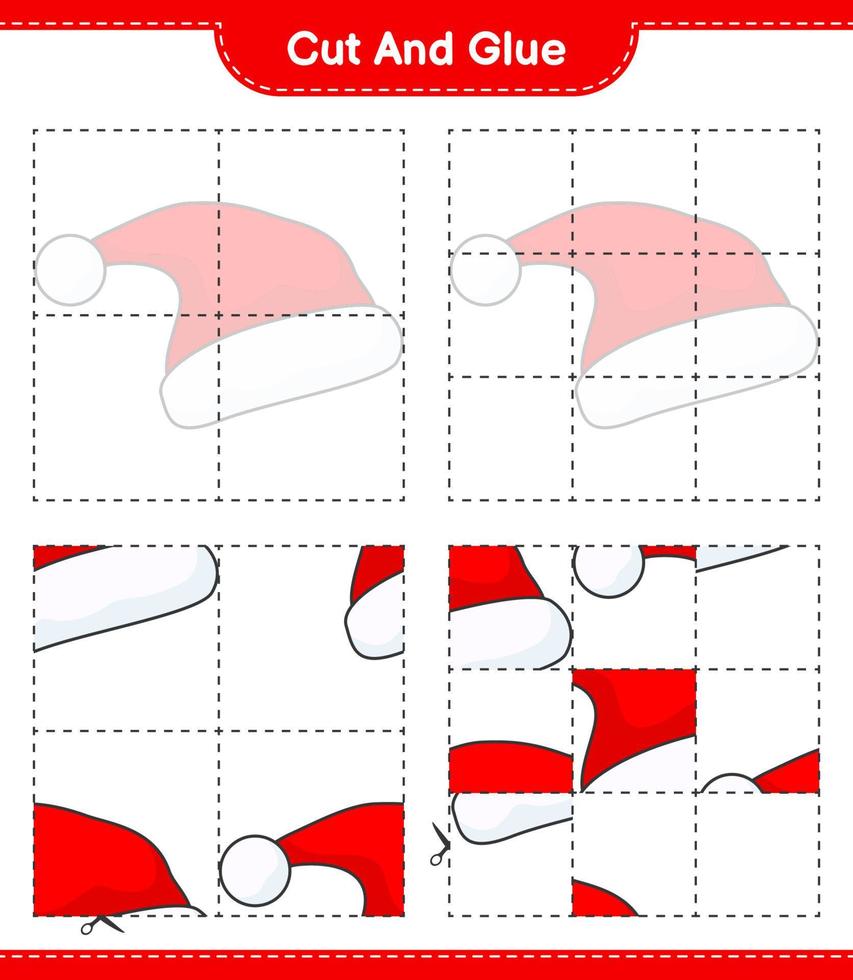 Cut and glue, cut parts of Santa Hat and glue them. Educational children game, printable worksheet, vector illustration