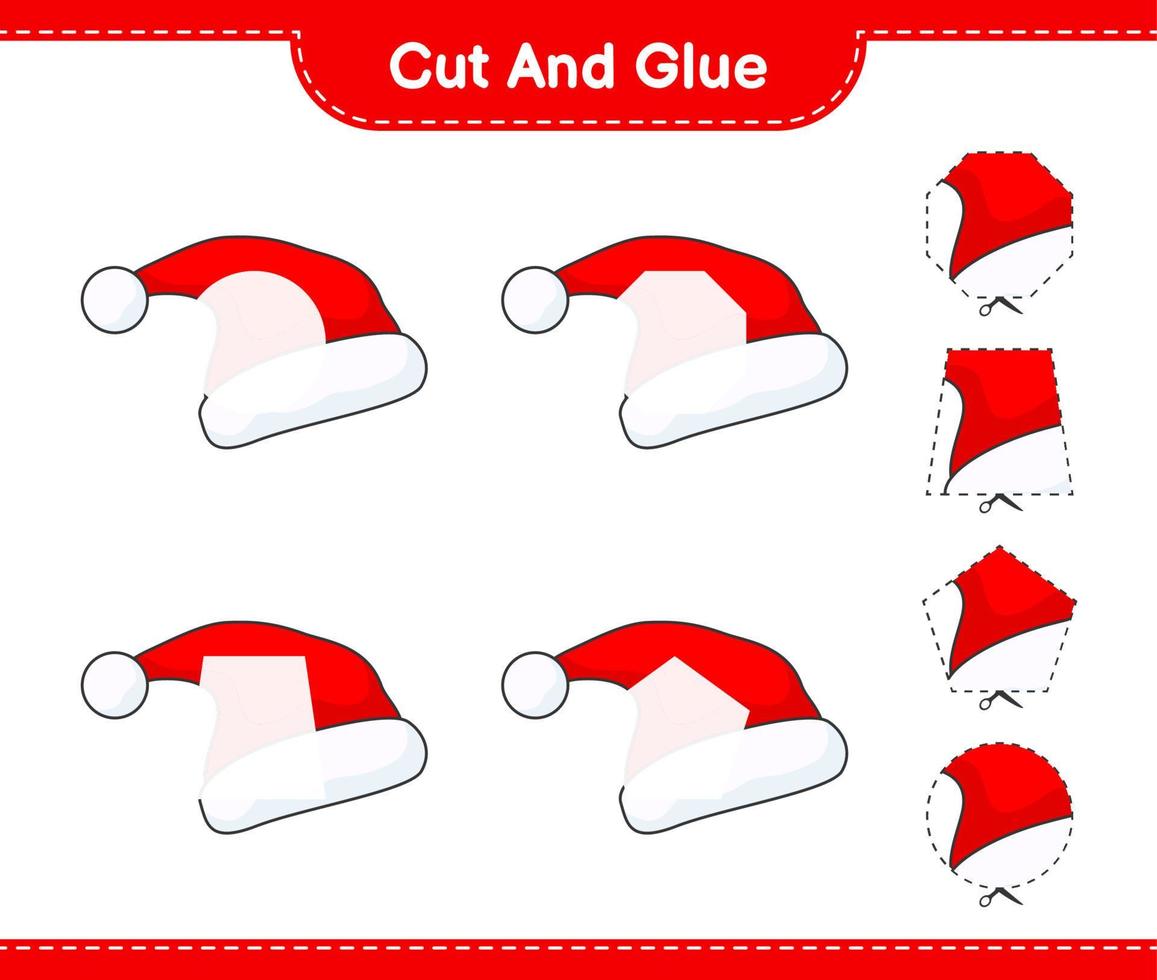 Cut and glue, cut parts of Santa Hat and glue them. Educational children game, printable worksheet, vector illustration