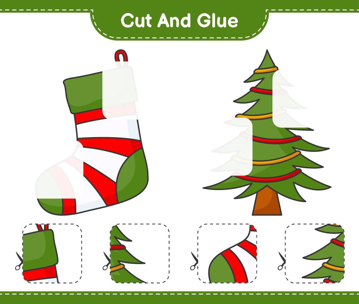 Cut and glue, cut parts of Christmas Sock, Christmas Tree and glue them. Educational children game, printable worksheet, vector illustration