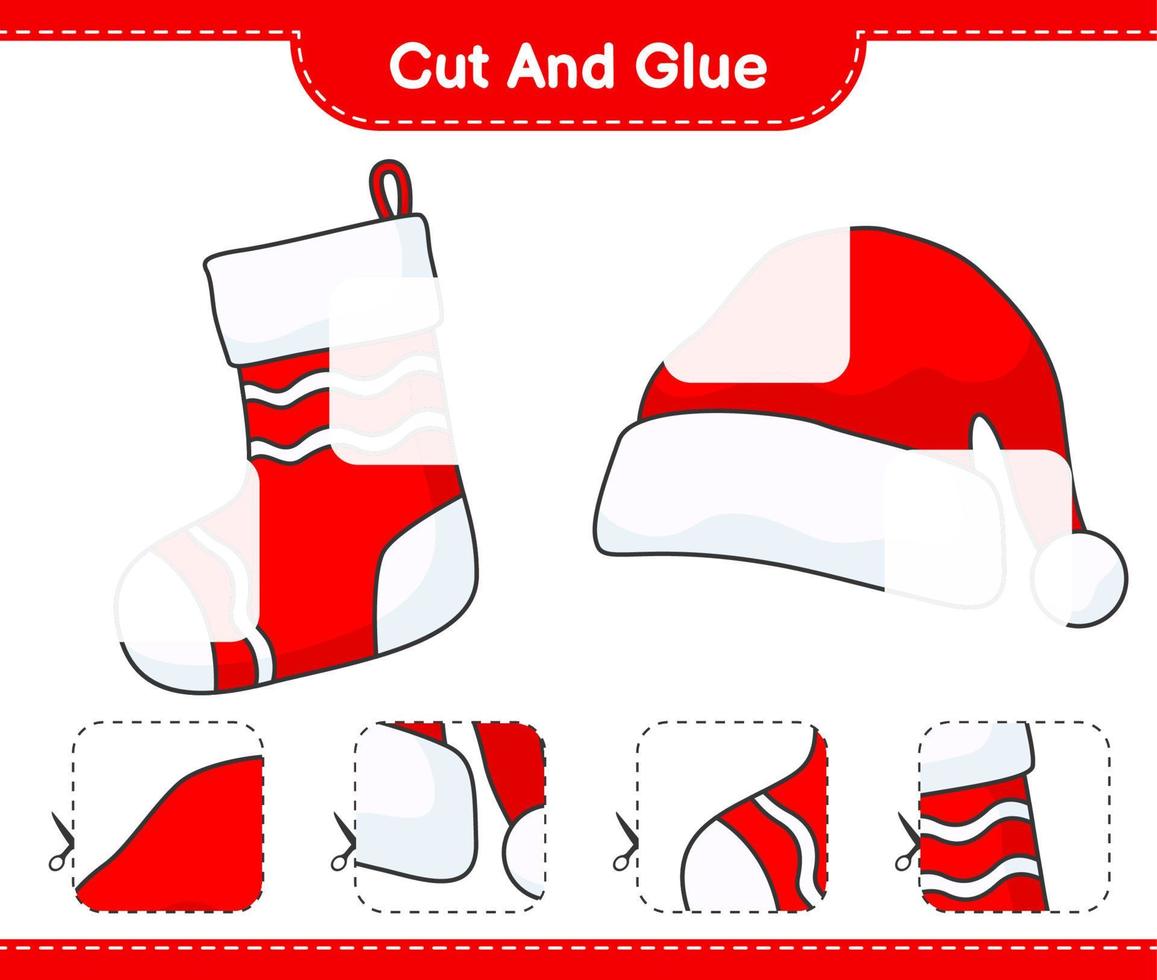 corte y pegue, corte partes del gorro de santa, calcetín navideño y péguelas. juego educativo para niños, hoja de cálculo imprimible, ilustración vectorial vector