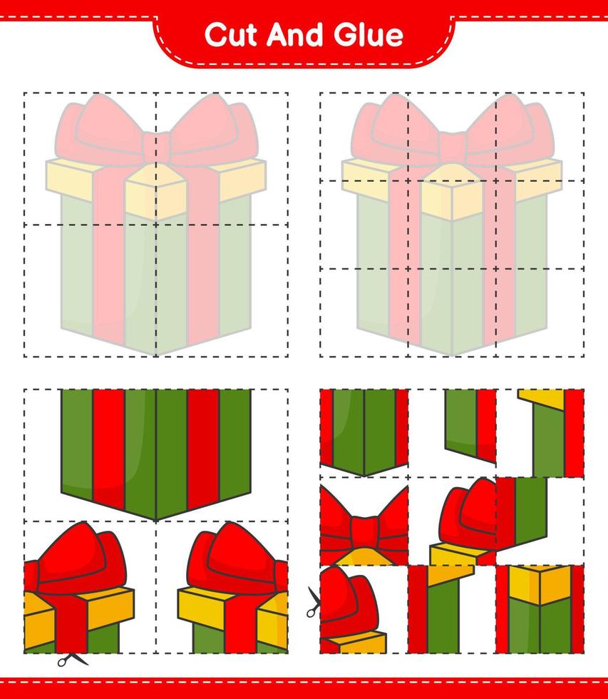 Cut and glue, cut parts of Gift Box and glue them. Educational children game, printable worksheet, vector illustration