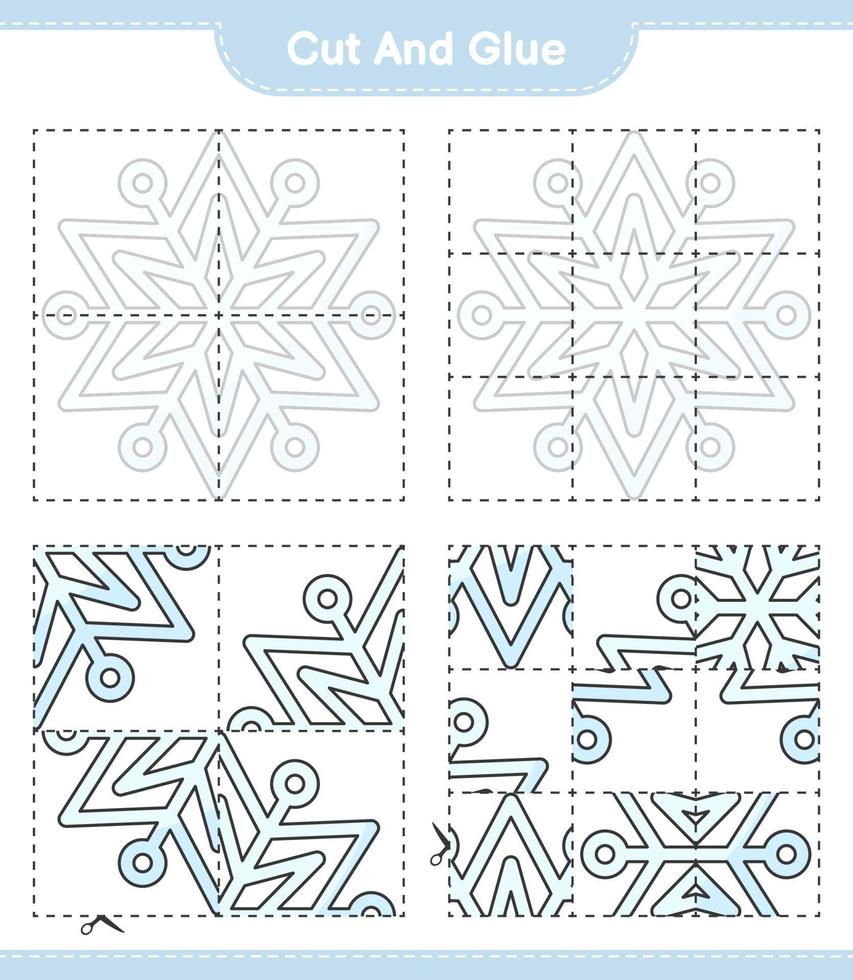 Cut and glue, cut parts of Snowflake and glue them. Educational children game, printable worksheet, vector illustration