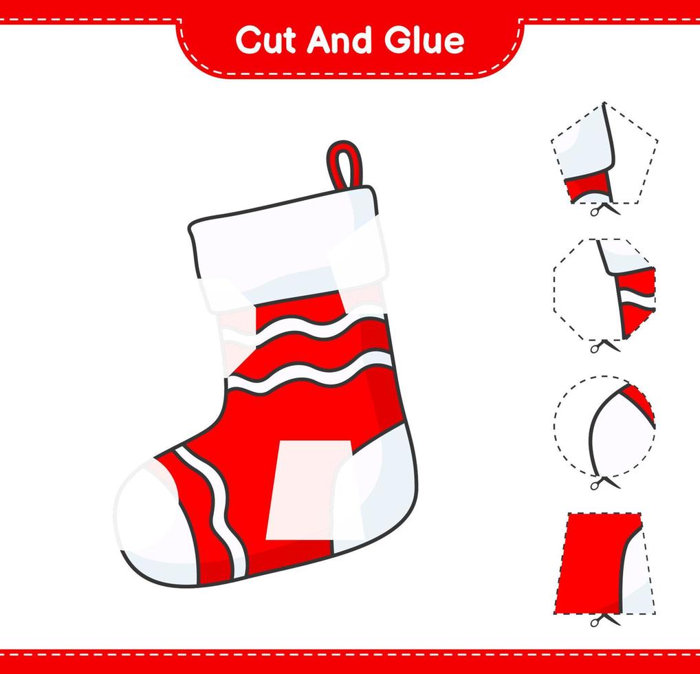 Cut and glue, cut parts of Christmas Sock and glue them. Educational children game, printable worksheet, vector illustration