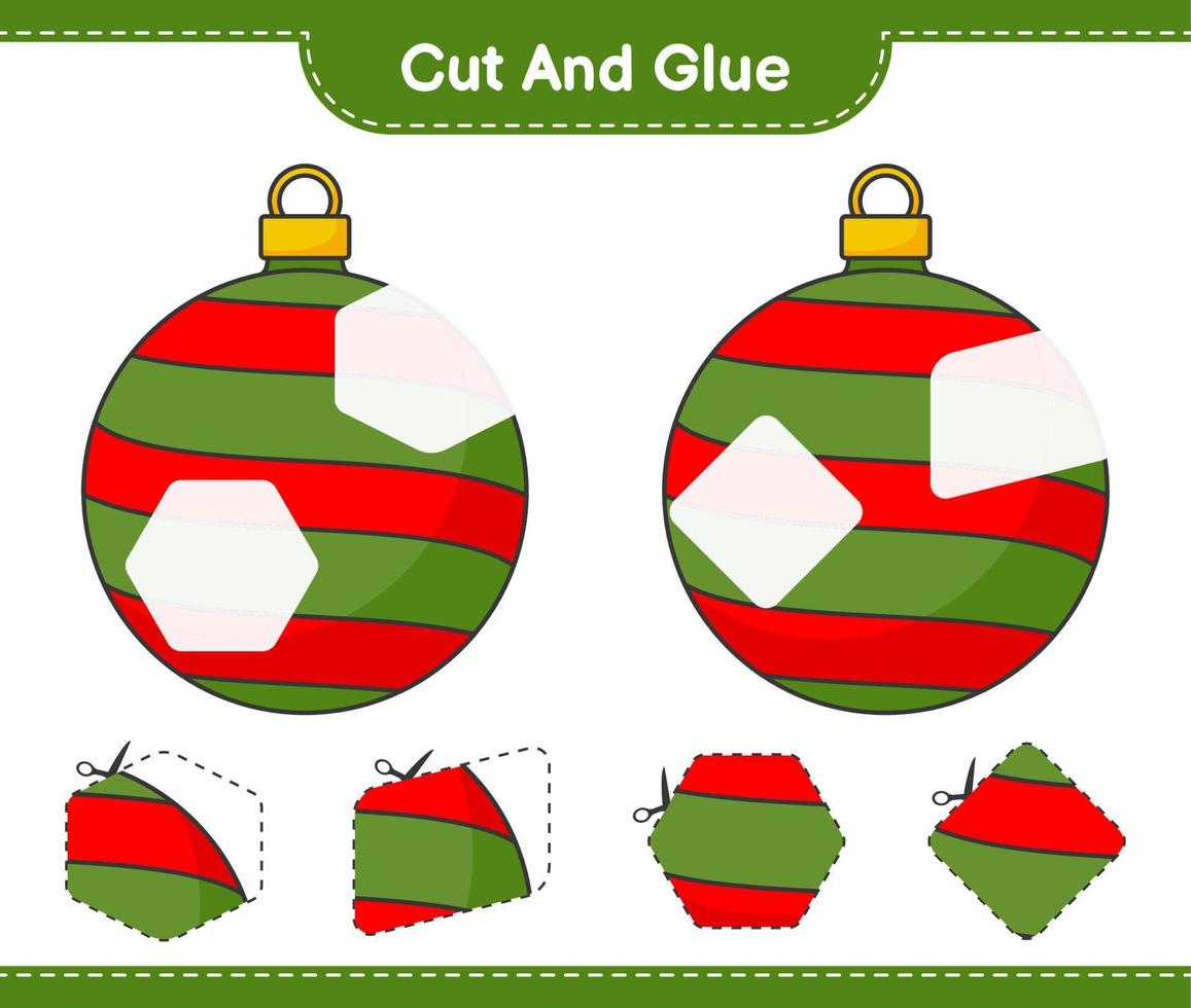 Cut and glue, cut parts of Christmas Ball and glue them. Educational children game, printable worksheet, vector illustration