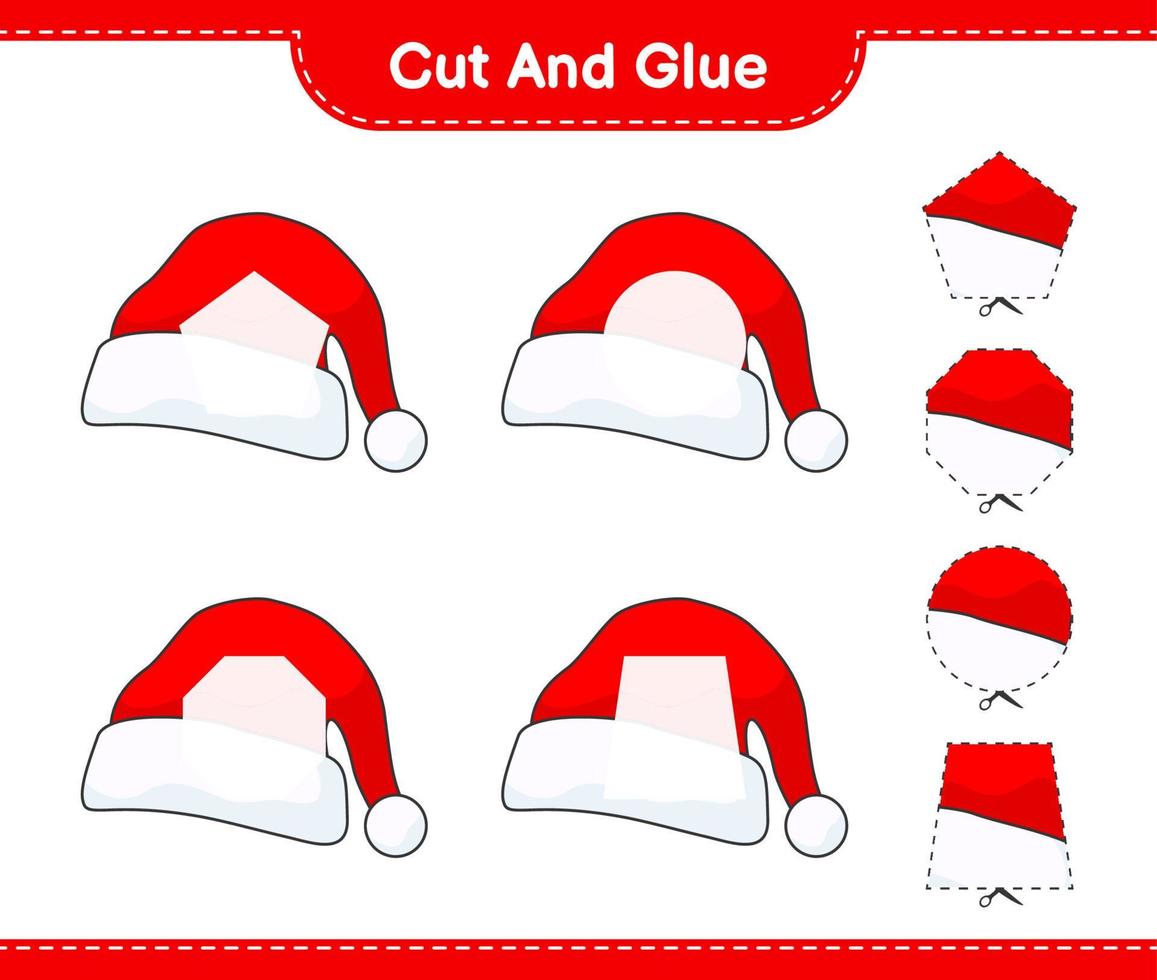 Cut and glue, cut parts of Santa Hat and glue them. Educational children game, printable worksheet, vector illustration