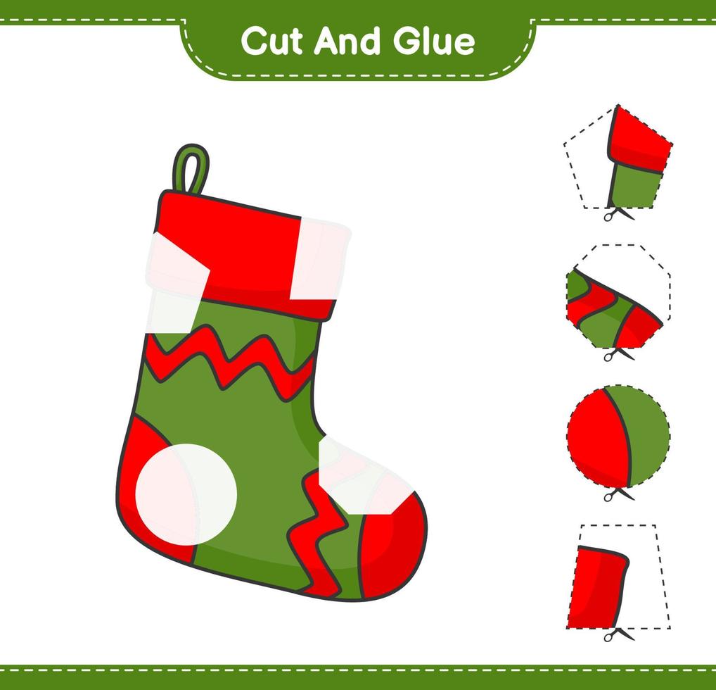 Cut and glue, cut parts of Christmas Sock and glue them. Educational children game, printable worksheet, vector illustration