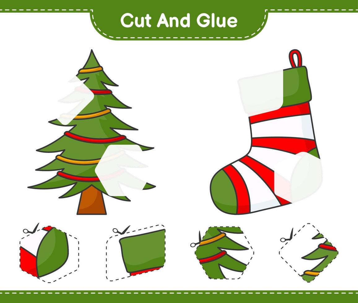 Cut and glue, cut parts of Christmas Sock, Christmas Tree and glue them. Educational children game, printable worksheet, vector illustration