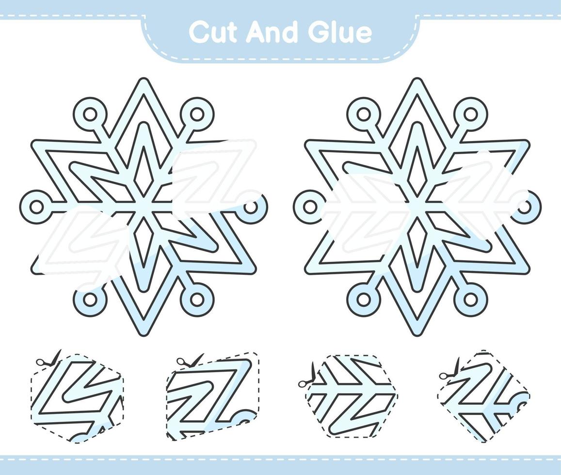 corta y pega, corta partes del copo de nieve y pégalas. juego educativo para niños, hoja de cálculo imprimible, ilustración vectorial vector