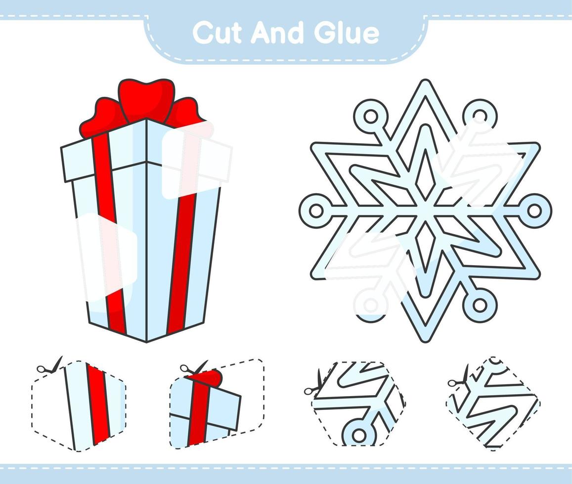 corte y pegue, corte partes de copos de nieve, cajas de regalo y péguelas. juego educativo para niños, hoja de cálculo imprimible, ilustración vectorial vector