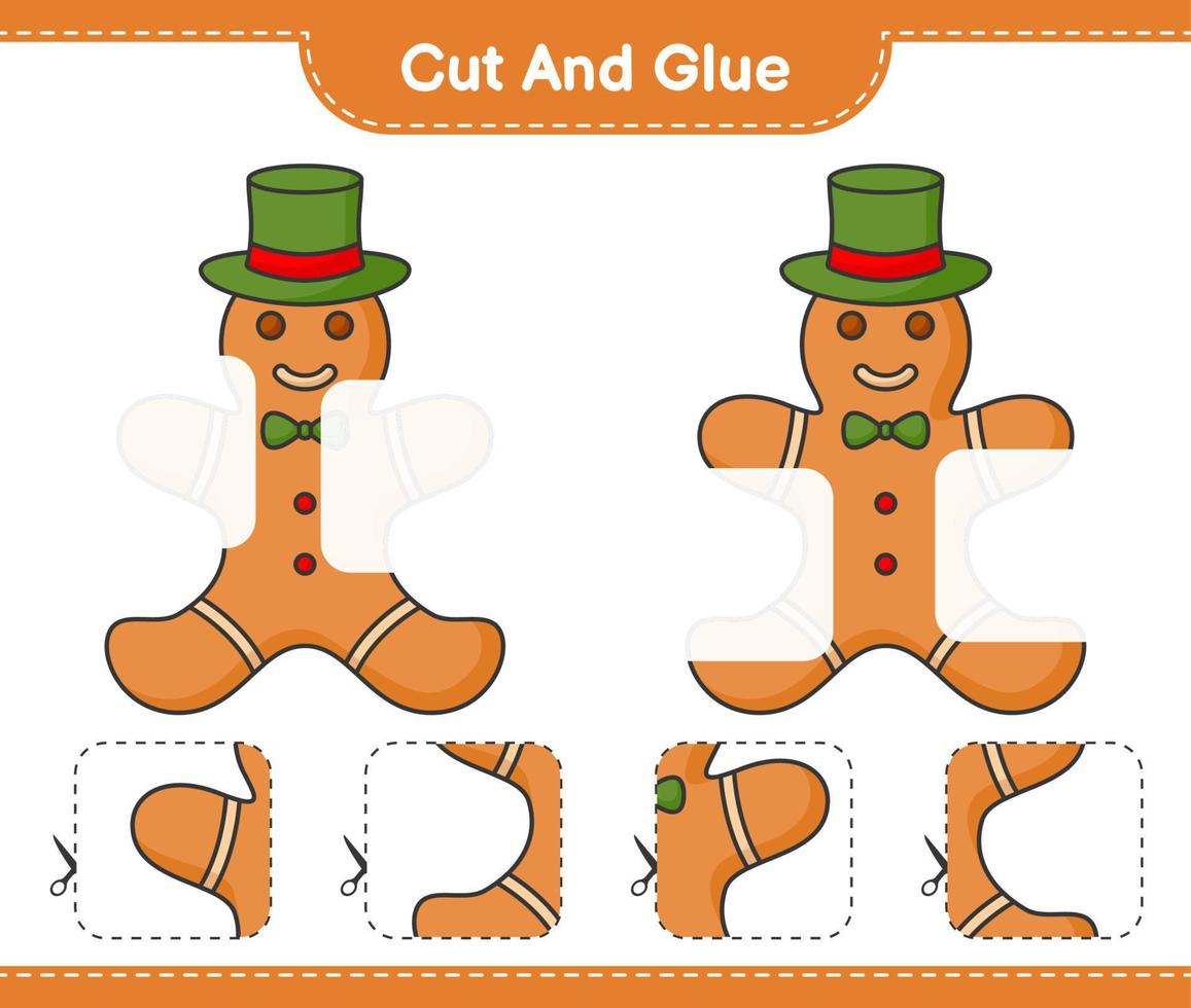 Cut and glue, cut parts of Gingerbread Man and glue them. Educational children game, printable worksheet, vector illustration