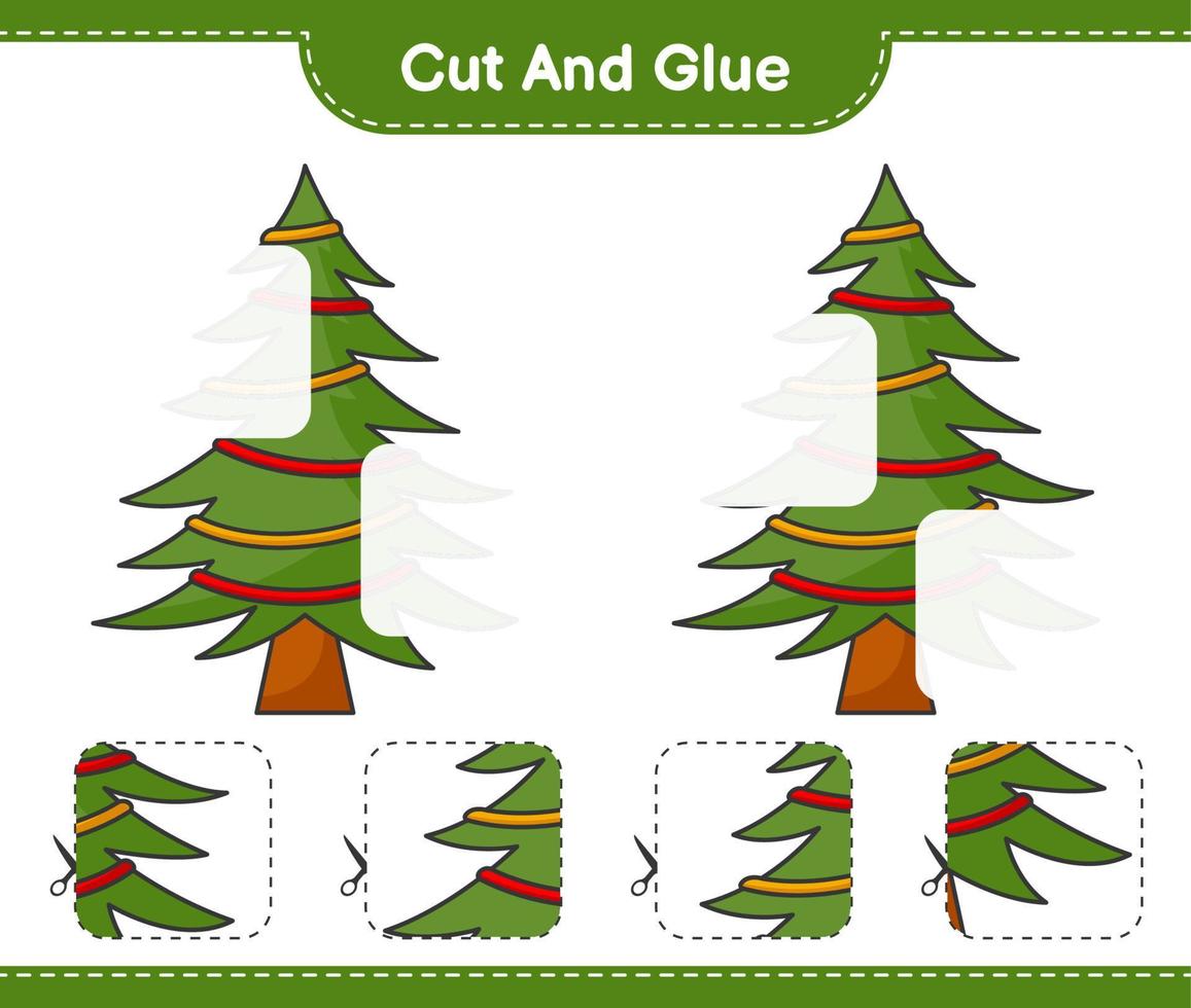 Cut and glue, cut parts of Christmas Tree and glue them. Educational children game, printable worksheet, vector illustration