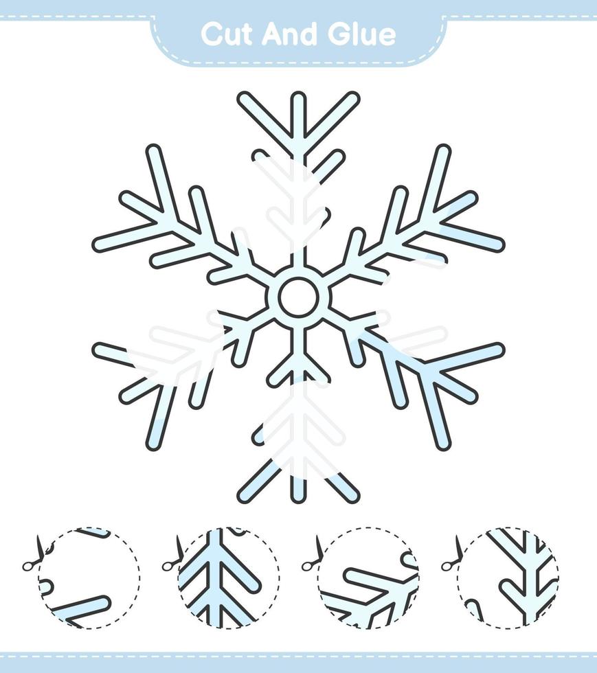 corta y pega, corta partes del copo de nieve y pégalas. juego educativo para niños, hoja de cálculo imprimible, ilustración vectorial vector