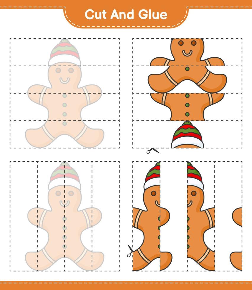 Cut and glue, cut parts of Gingerbread Man and glue them. Educational children game, printable worksheet, vector illustration