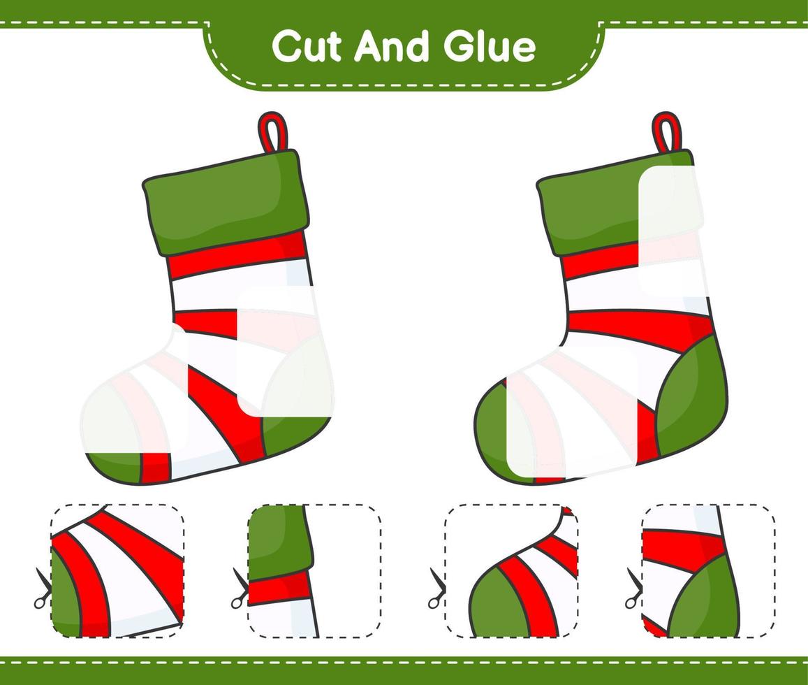 Cut and glue, cut parts of Christmas Sock and glue them. Educational children game, printable worksheet, vector illustration