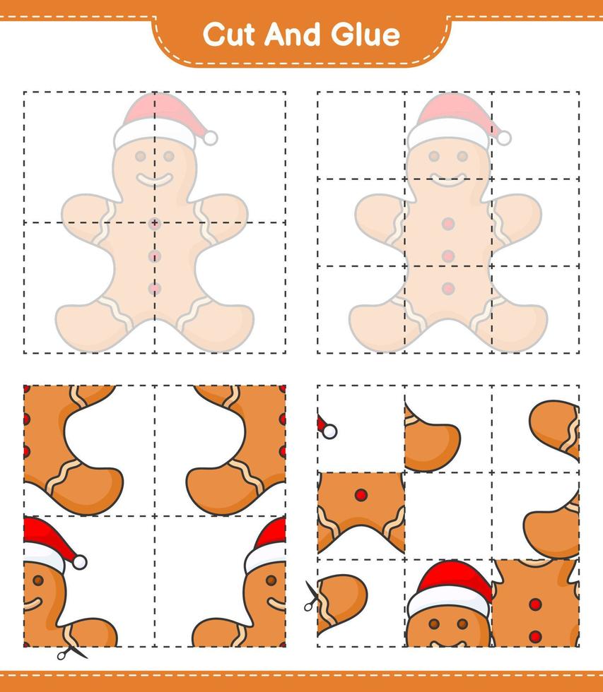 Cut and glue, cut parts of Gingerbread Man and glue them. Educational children game, printable worksheet, vector illustration