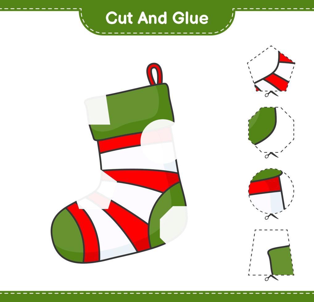 Cut and glue, cut parts of Christmas Sock and glue them. Educational children game, printable worksheet, vector illustration
